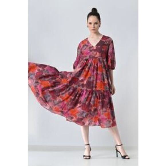 Anthropologie Vibrant Pink and Purple Midi Dress - Picture 1 of 14